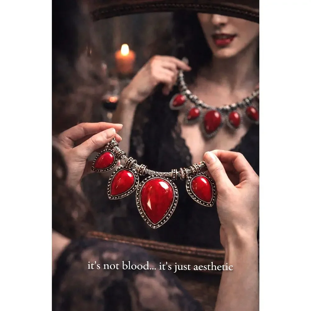Whimsy Goth Red Statement Necklace, Gothic Bib, Snake Chain,Vampirecore Jewelry